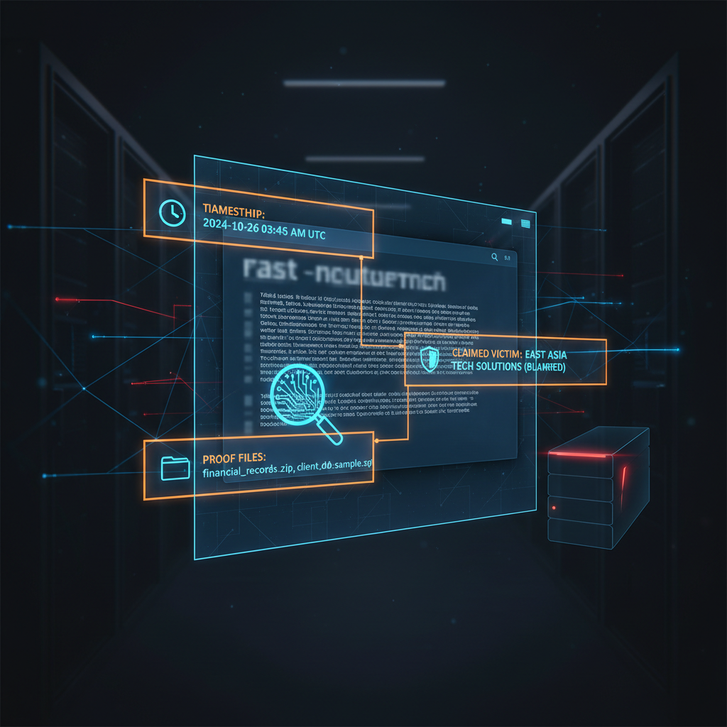 Analyst reviewing a ransomware leak post on a laptop, with visual highlights on timestamp, claimed victim name, and proof files, illustrating evidence capture steps from the checklist.