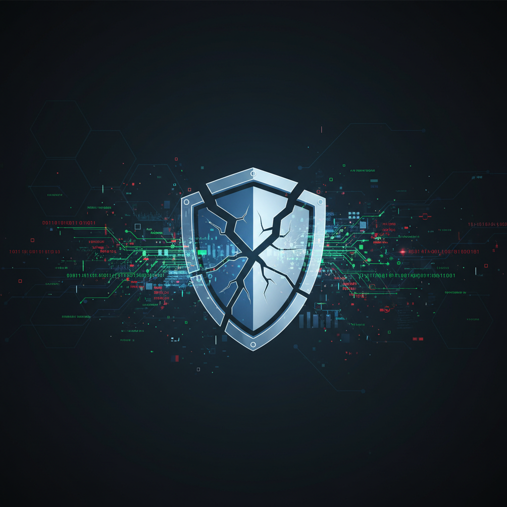Visual representation of a compromised Trend Micro endpoint security shield, symbolizing active exploitation of vulnerabilities in Apex One and TrendAI Vision One products as warned by GovCERT.HK
