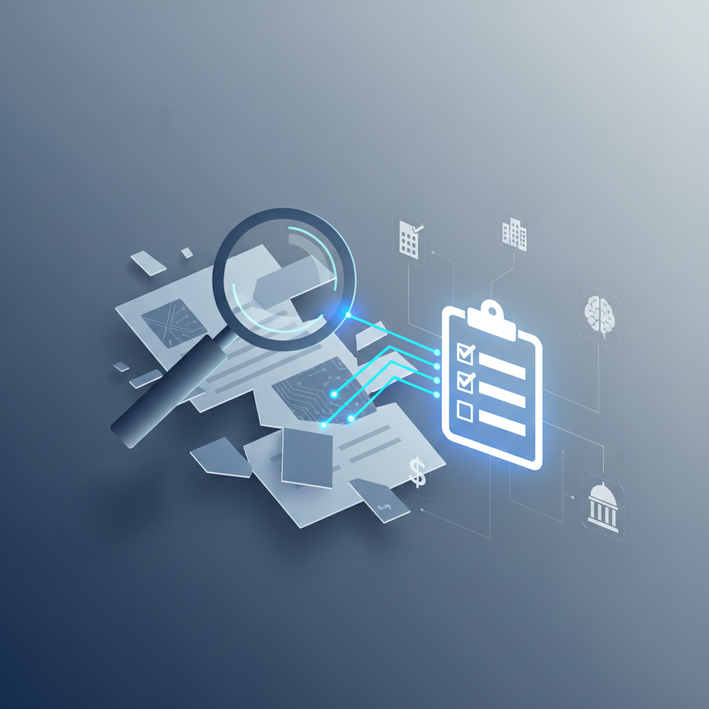 Analyst using a magnifying glass to extract key fields from a fragmented public cyber incident disclosure, with labeled components for source wording, sector, uncertainty, and response status, representing a structured workflow for intelligence gathering in East Asia cyber risk monitoring.