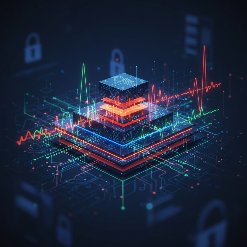 An abstract technical diagram showing interconnected nodes and data signal paths representing a secure AI infrastructure and cybersecurity framework.