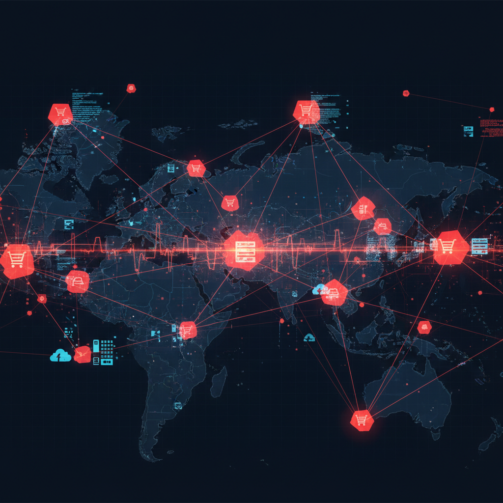 Abstract visualization of cyber threat intelligence linking threat actors to retail and software sectors with East Asia and U.S. geographic context