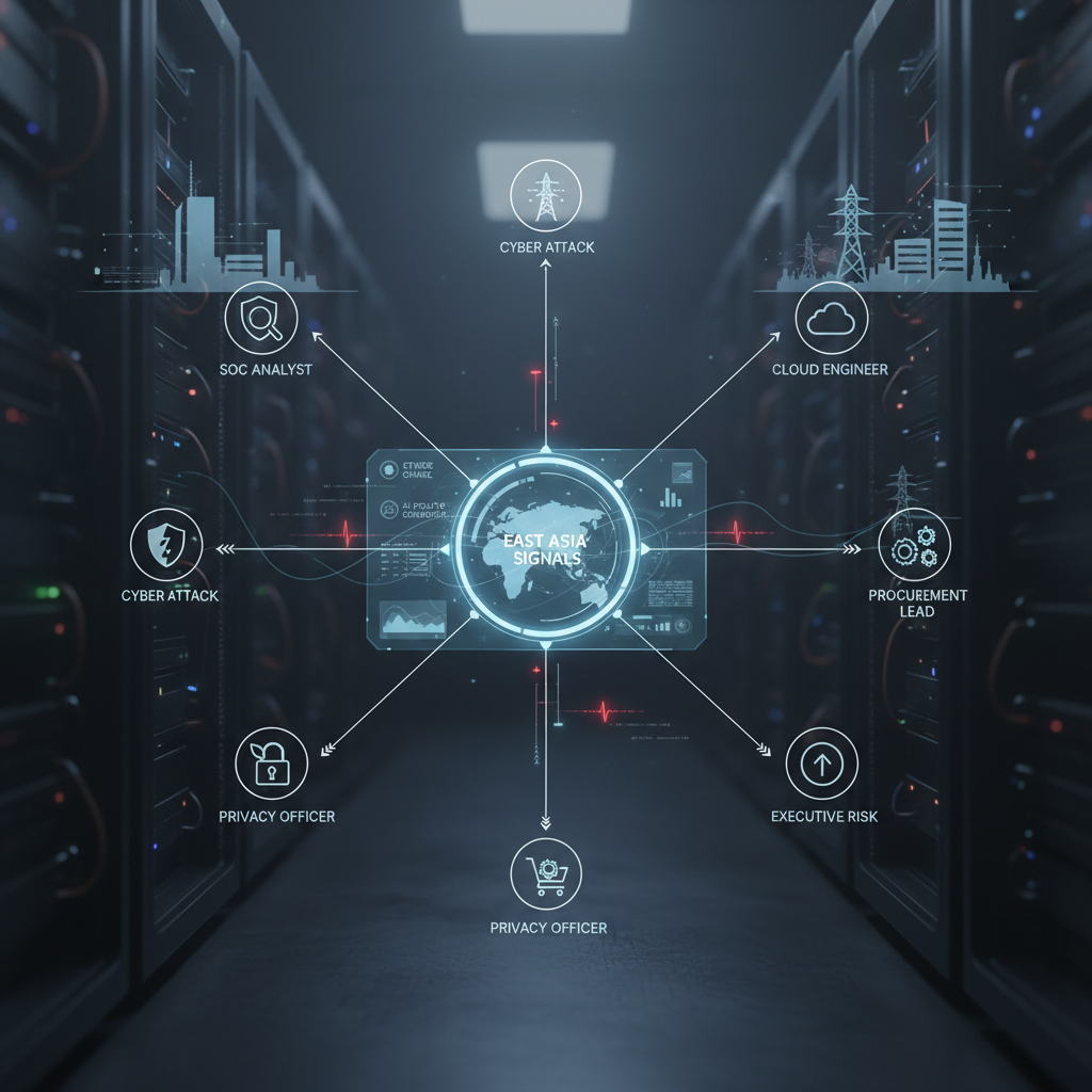 Role-based alert workflow mapping East Asia signal categories to SOC, cloud, vulnerability management, privacy, procurement, and executive risk teams using Nogosee tracker as monitoring layer