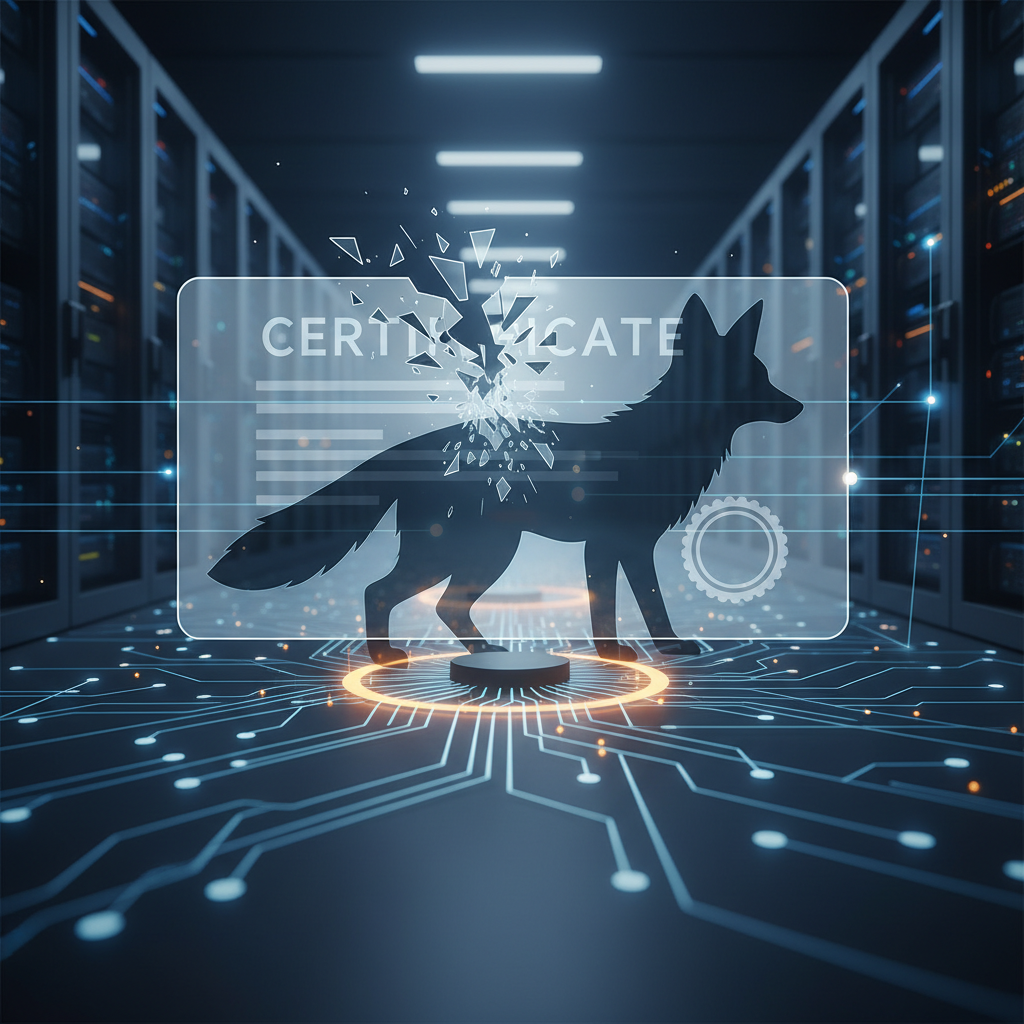 A fractured digital certificate and a fox silhouette over a server network, symbolizing the disruption of a malware-signing operation.
