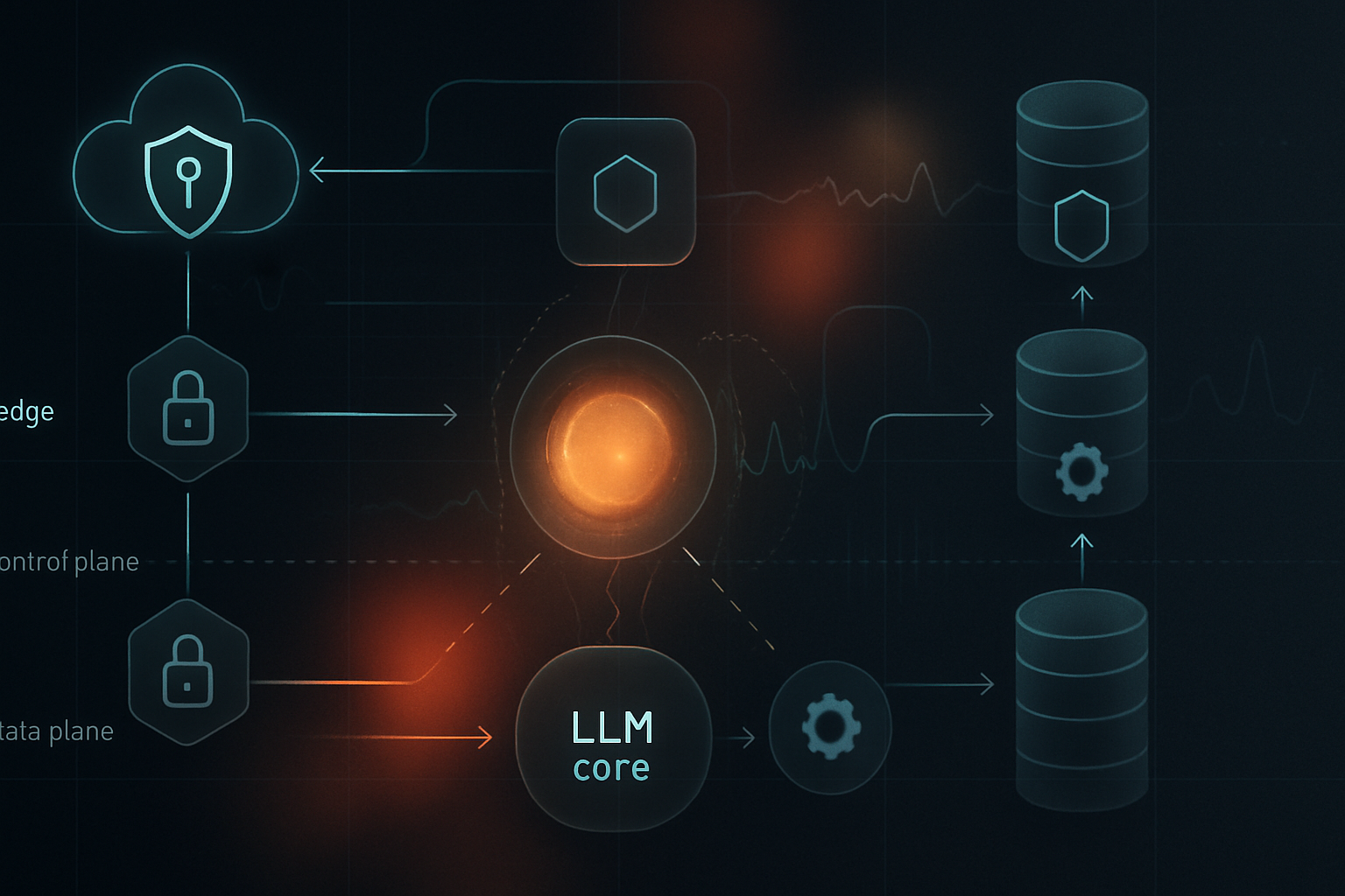 Abstract cloud security architecture showing an LLM connected to tools and data sources with a risk heatmap overlay, representing OWASP’s GenAI security failure modes.