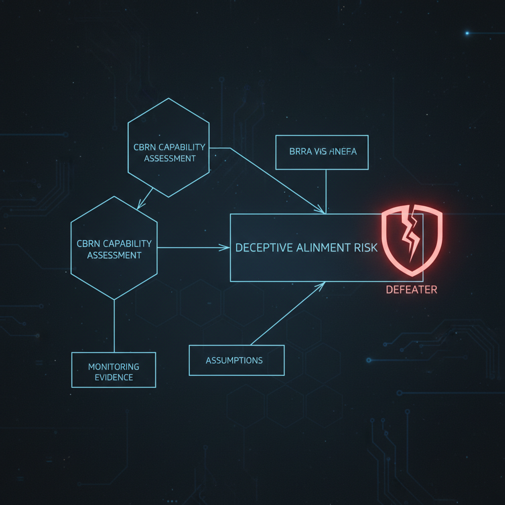 Diagram of a structured AI safety case showing arguments for Deceptive Alignment and CBRN risks, with evidence, assumptions, and a potential defeater, illustrating the rigorous methodology proposed in the paper.