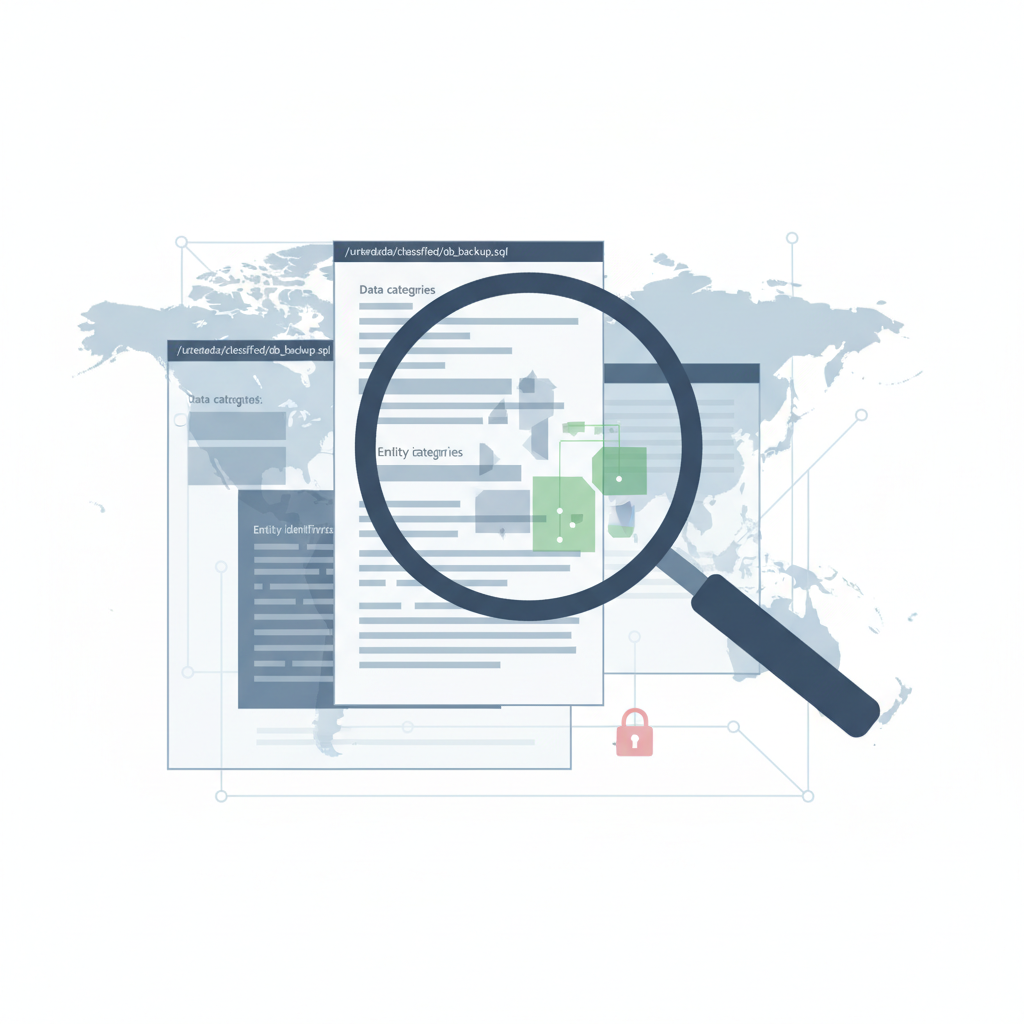 Magnifying glass inspecting a redacted leak post with visible entity identifiers and file paths, representing careful verification without re-sharing sensitive content