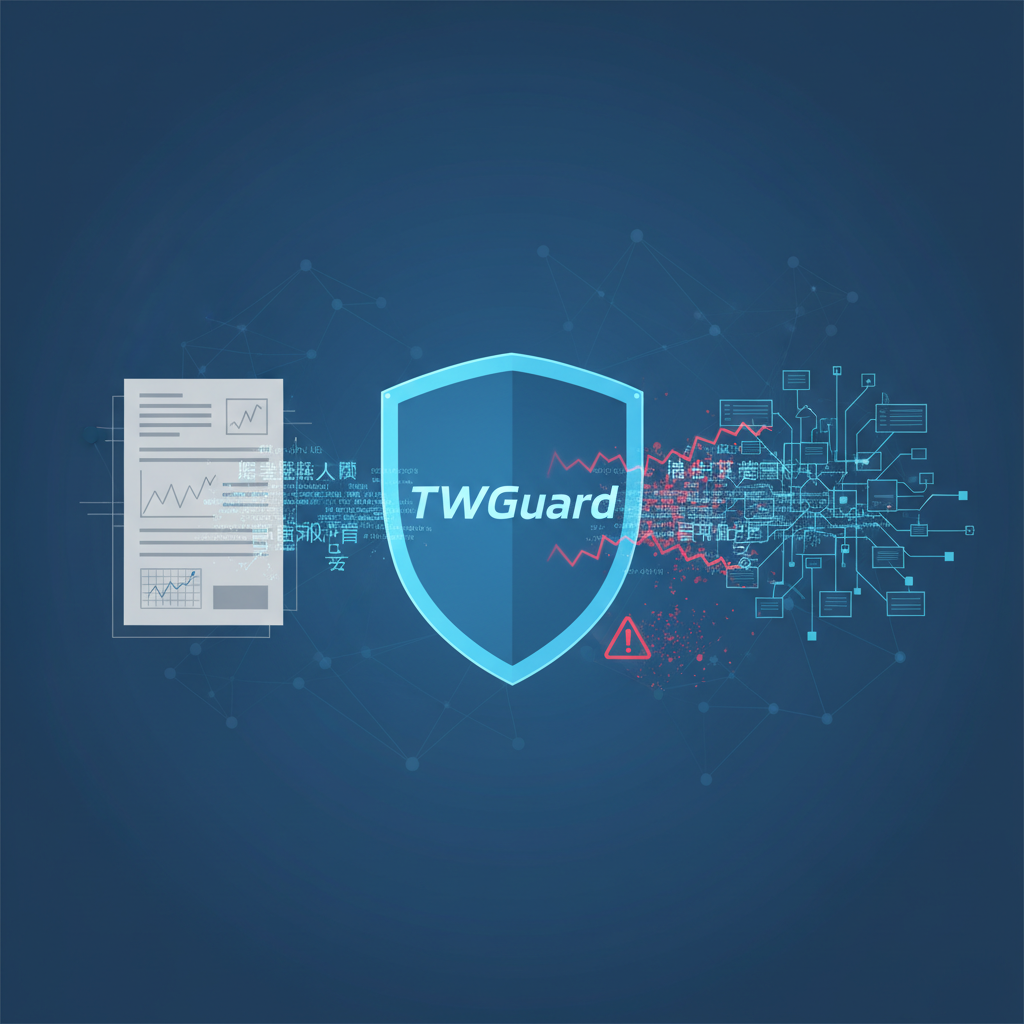 Illustration of the TWGuard LLM safety guardrail model reducing false positives by adapting to linguistic context, showing safe local language passing through a security filter while harmful content is blocked.