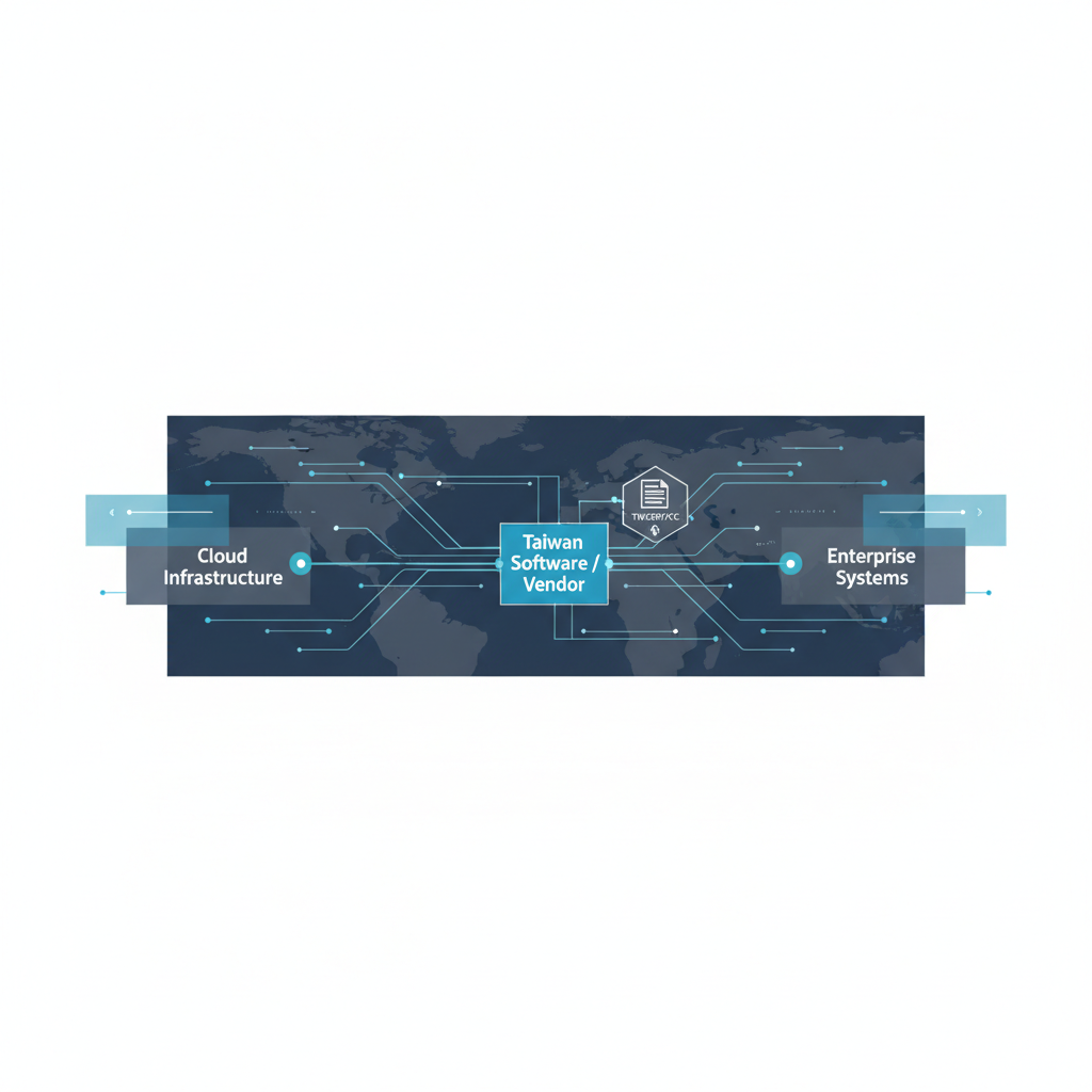 Illustration of a global supply chain with a highlighted Taiwan-based software/node under monitoring for vulnerability exposure, connected to cloud and enterprise systems, with a TWCERT/CC vulnerability note icon overlay suggesting ongoing review.