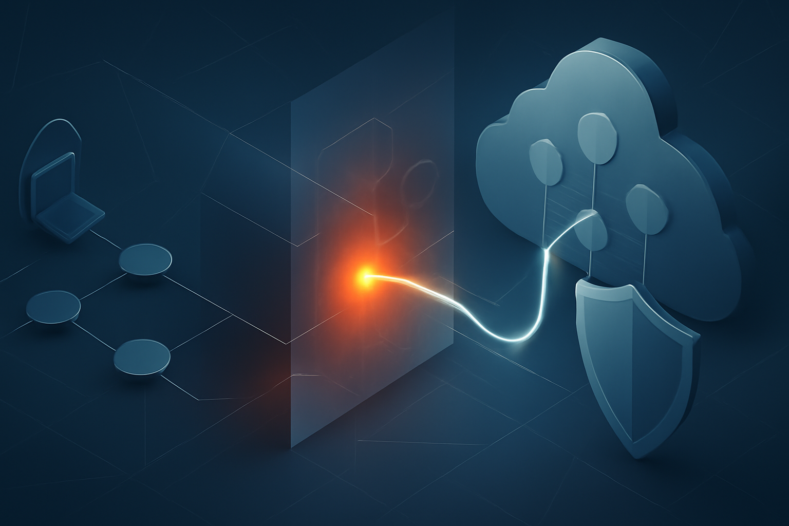 Abstract diagram-style illustration showing an endpoint service architecture with a highlighted risky deserialization boundary leading to privilege escalation risk.