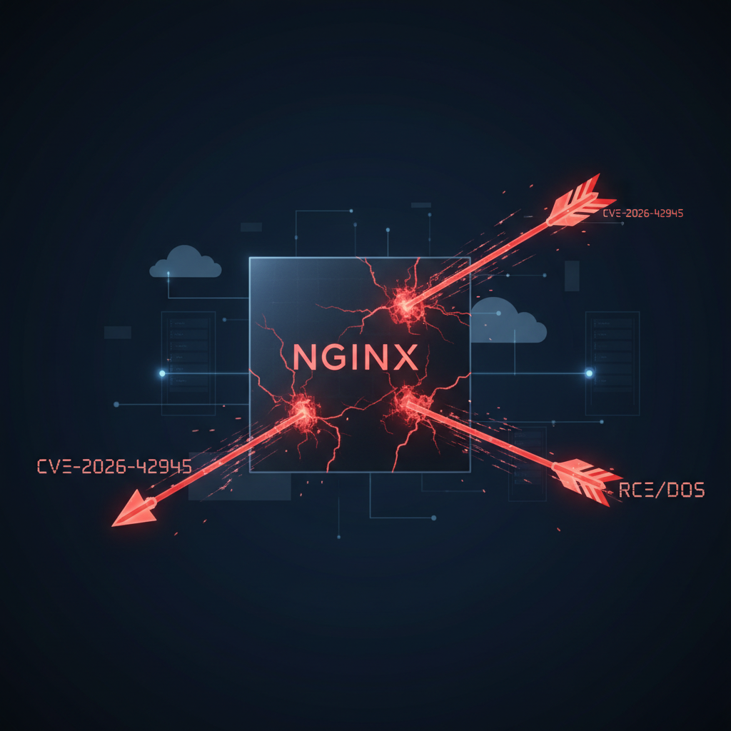 Visual representation of an Nginx server under active exploit attempt for CVE-2026-42945, showing breach indicators and incoming attack vectors.