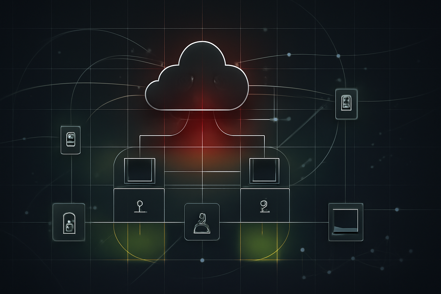 Abstract depiction of an agent-based infrastructure topology with authentication gates and a highlighted high-risk path indicating potential system-level code execution impact across multiple hosts.