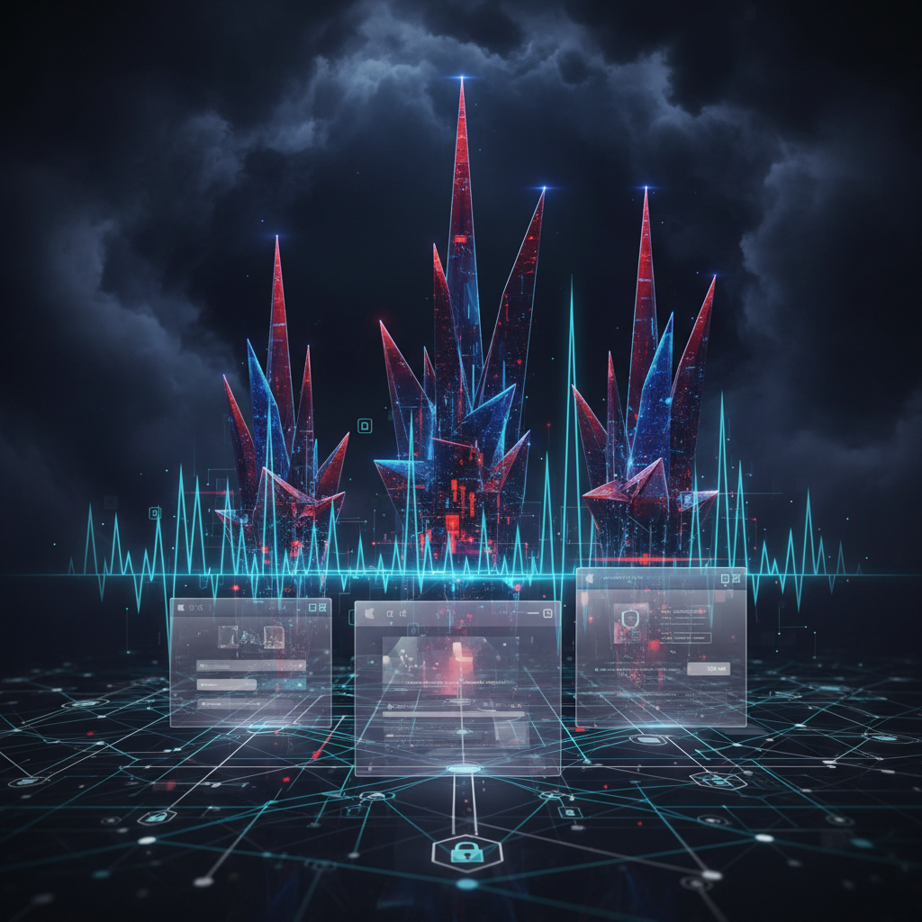 Abstract representation of emerging ransomware strains, DDoS attacks, and social engineering threats in a cyber threat landscape