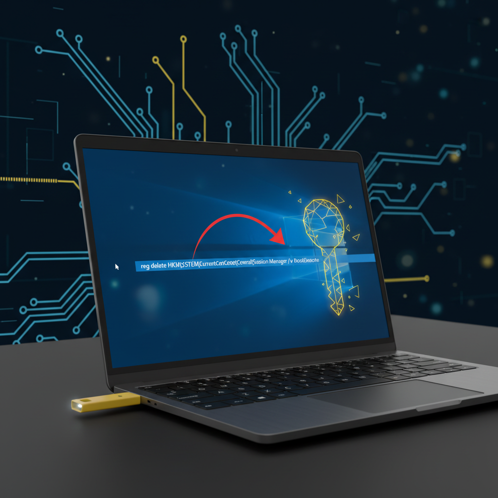 USB device connected to laptop illustrating YellowKey exploit vector: triggering WinRE shell via malicious FsTx file and CTRL key input, with mitigation focus on BootExecute registry modification