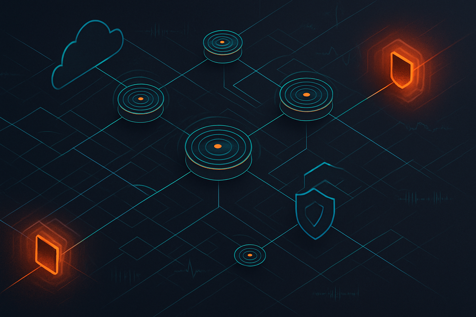 Abstract network topology and risk heatmap illustrating an exposed enterprise update management server and active exploitation risk.