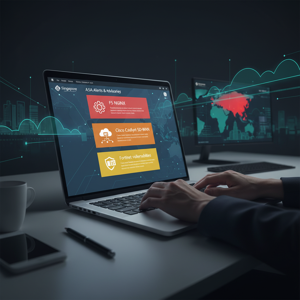 Security analyst reviewing Singapore CSA alerts for cloud and government risk on a laptop screen