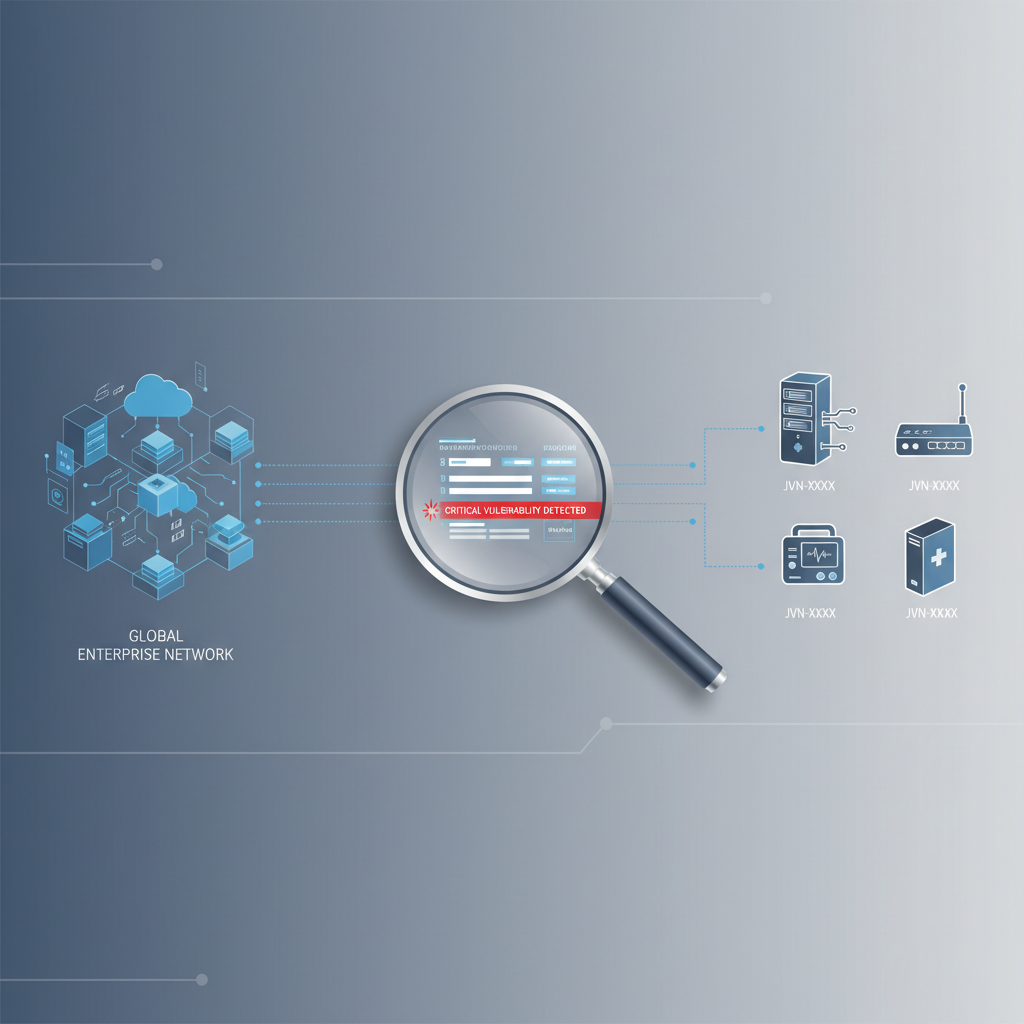 Illustration of monitoring Japanese product vulnerabilities via JVN feed for global supply chain risk, showing linked supplier products and a highlighted vulnerability note
