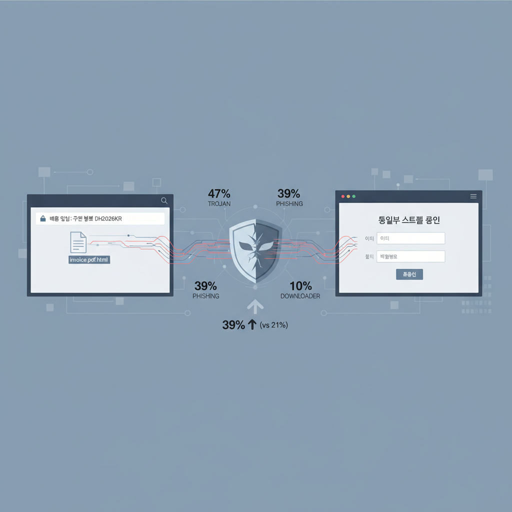 Illustration of Korean phishing email tactics in April 2026: fake DHL notification and spoofed government login page used to deliver Trojans and harvest credentials