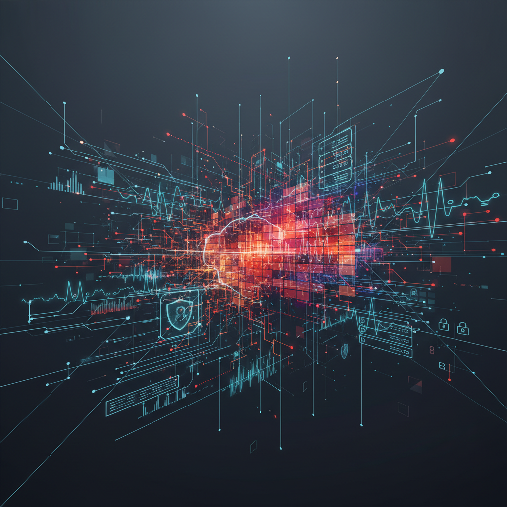 An abstract visualization of complex network nodes and signal traces representing AI-driven cybersecurity threats and infrastructure risks.