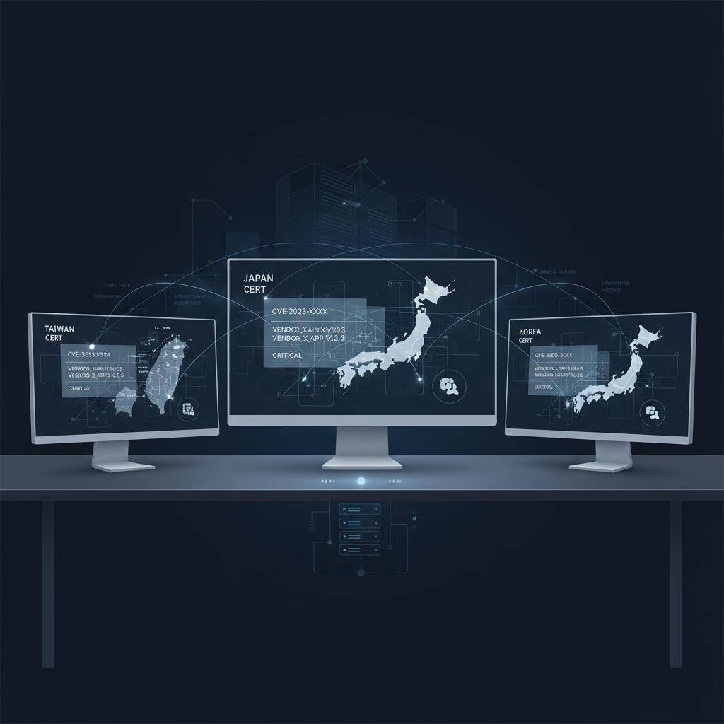 Three side-by-side screens showing CERT advisories for a single vendor from Taiwan, Japan, and Korea, highlighting comparative vulnerability data