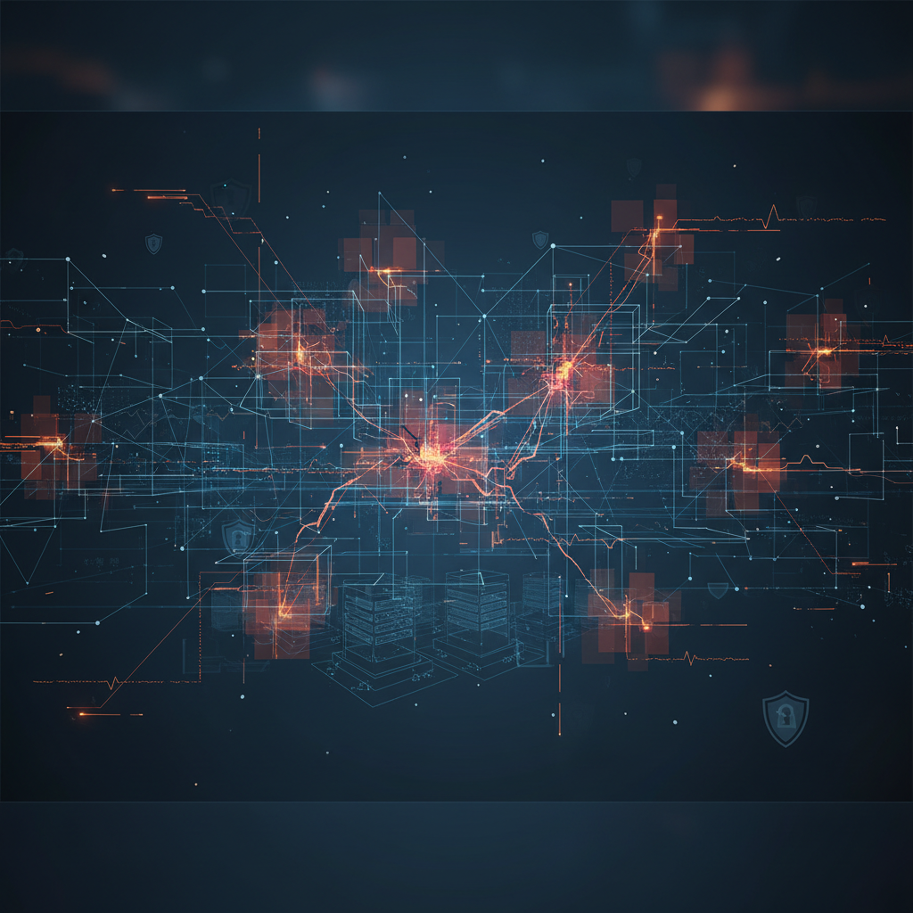 An abstract digital visualization of a network security breach, showing infrastructure diagrams and risk heatmaps in a dark, analytical style.